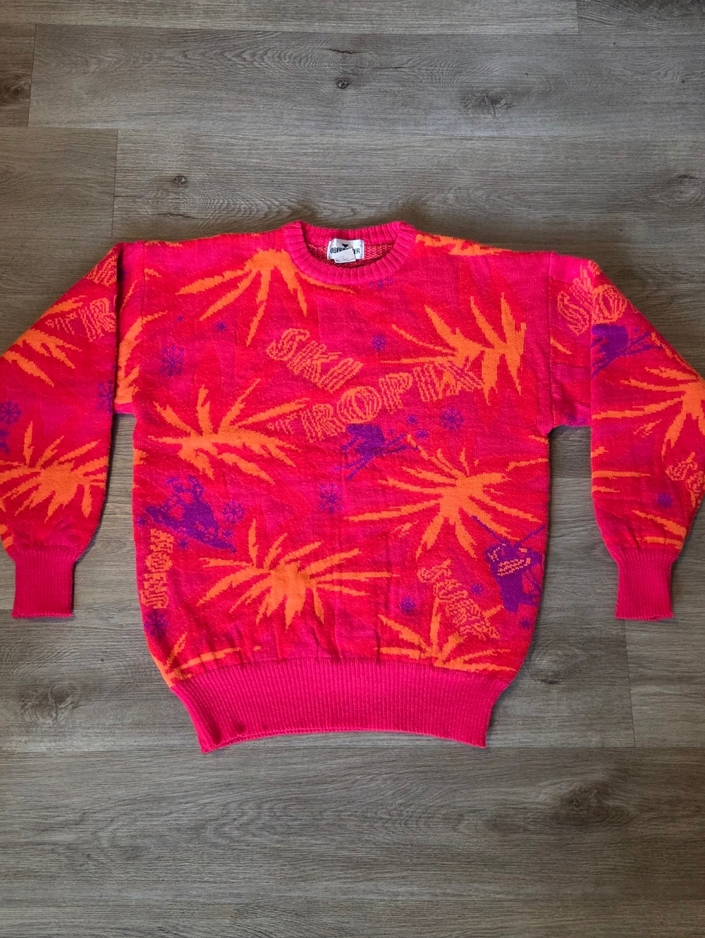 Vintage 90s Sport Obermeyer Neon Graphic Sweater Red Orange Wool Blend Oversized